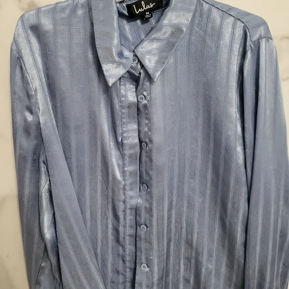 Real Deal Dusty Blue Striped Satin Button-Up Shirt (Size M) - Picture 6 of 8